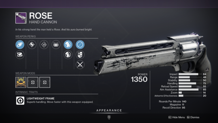 Rose Hand Cannon Season 19 Crucible Weapon